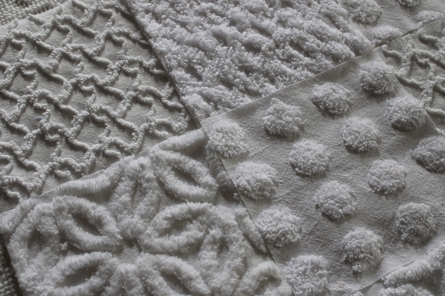 Fresh Snowfall Graceful White Chenille Quilt Squares Set, from Vintage Bedspread Fabric, 16 Blocks, 6" inch