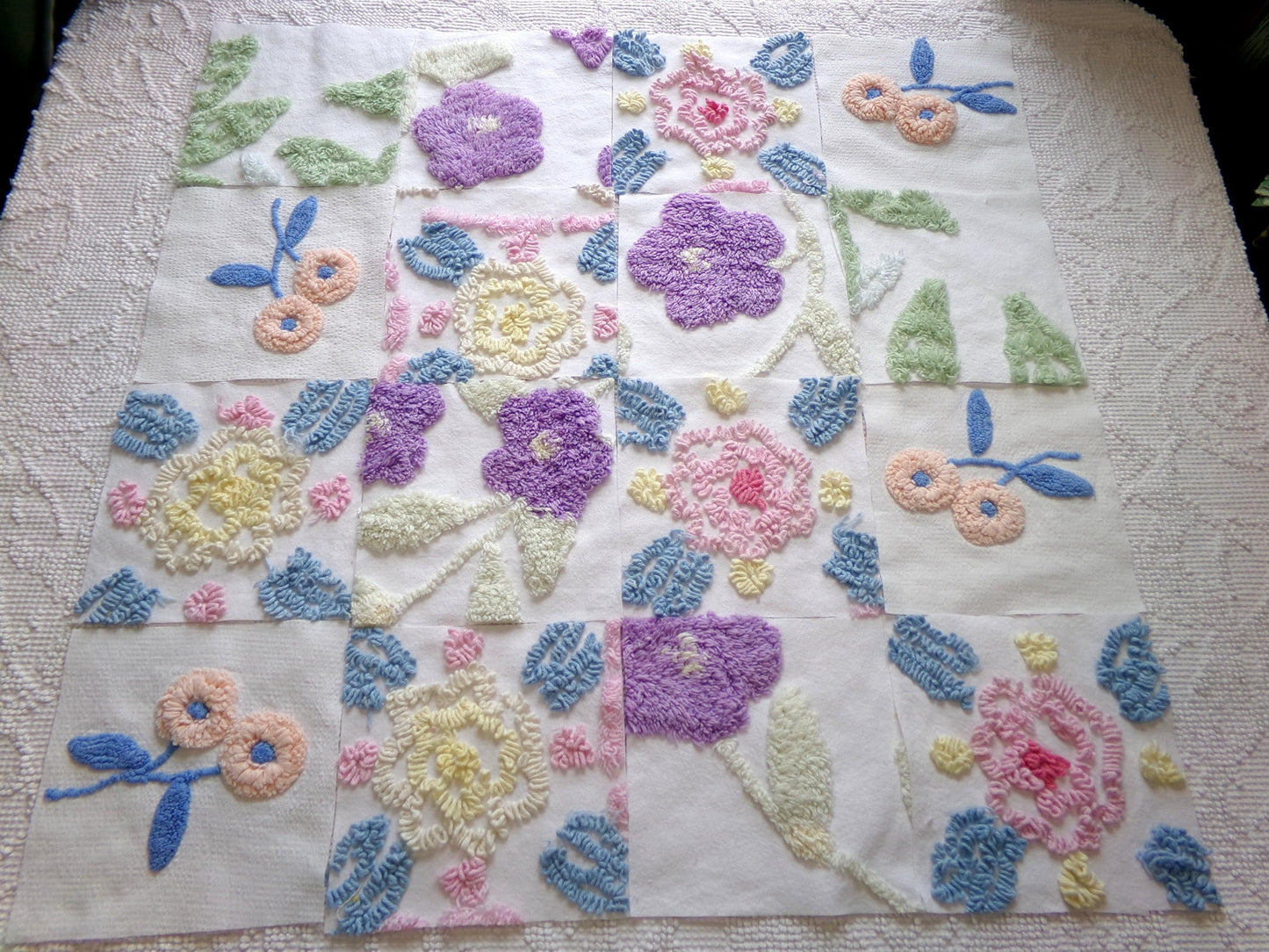 shabby floral vintage chenille fabric squares: spring flowers set of 16 floral 6" quilt blocks