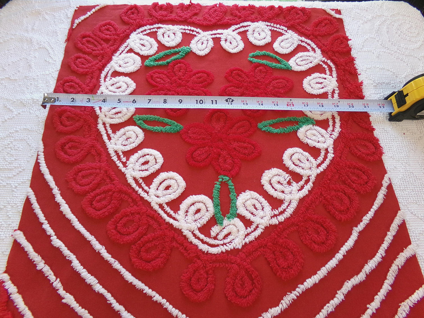Christmas Heart Vintage Chenille Fabric, Festive Red & White for Crafts, Quilting, 20" x 25" Cut Piece