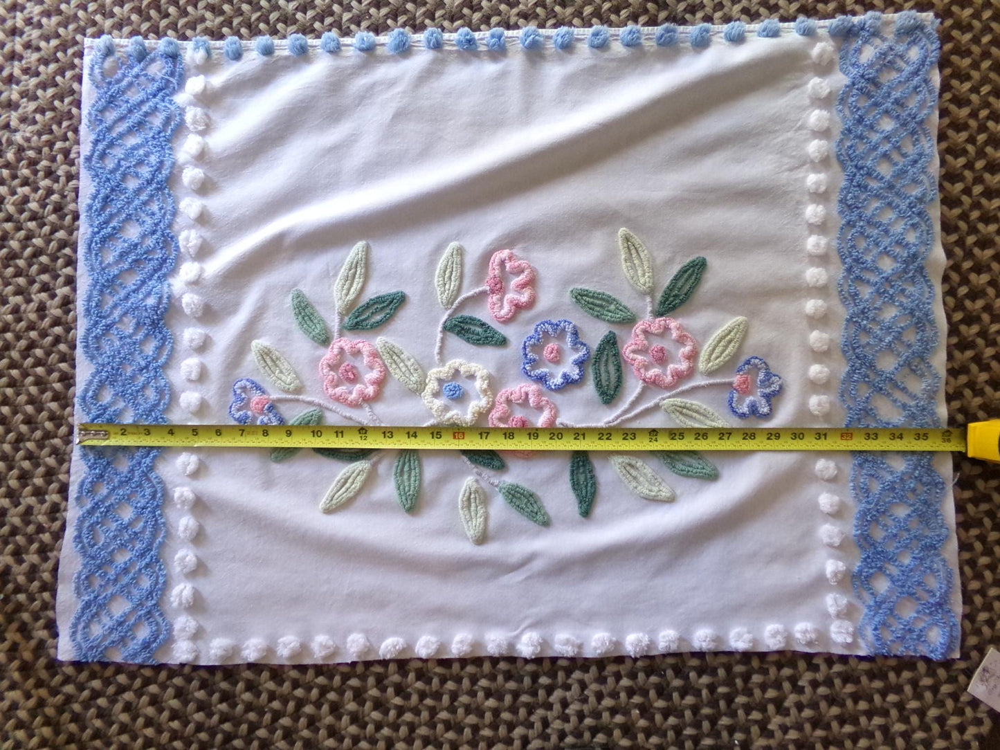 cottage style shabby pink & blue florals vintage chenille fabric, large 24" x 35" inch piece, so pretty for a pillow
