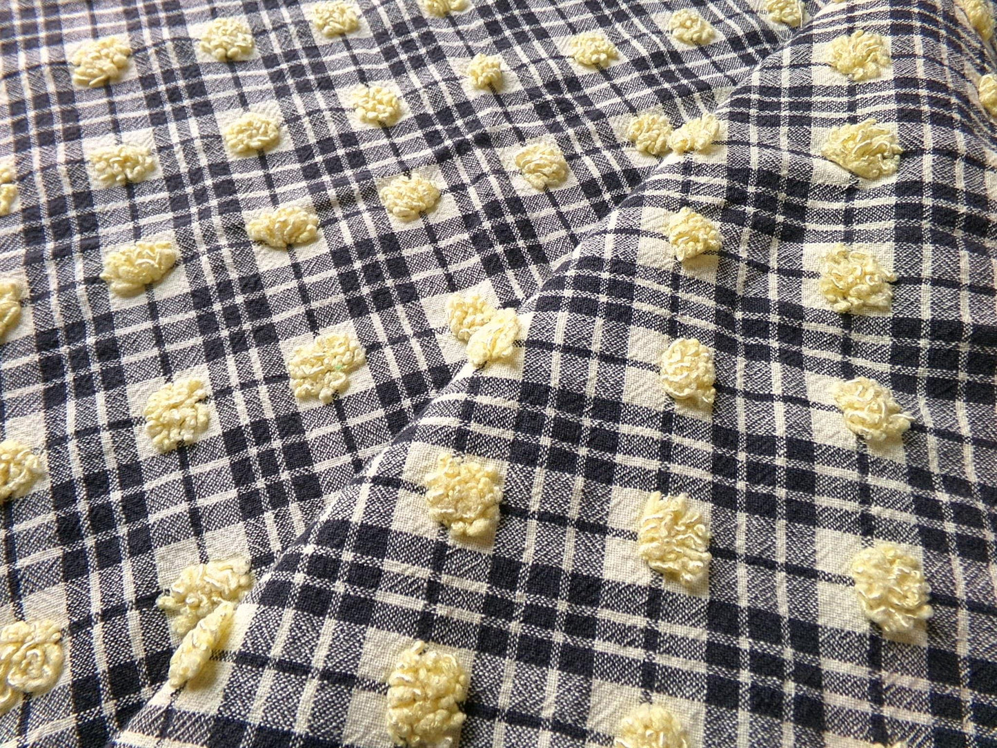 unique black plaid vintage chenille fabric, 18" x 24" piece of sewing material w/ yellow pops
