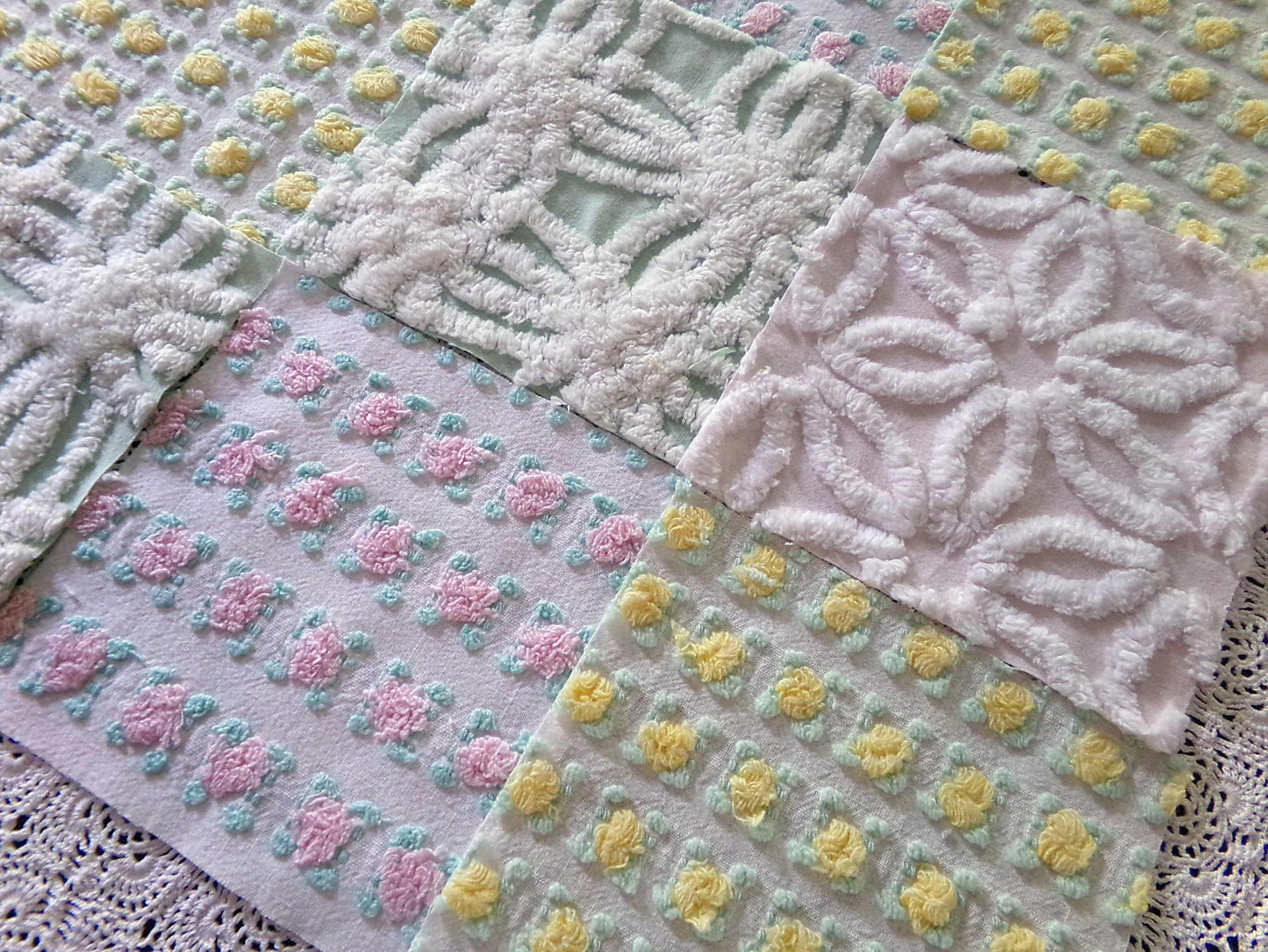 spring medley vintage chenille fabric squares, set of 16 pretty 6" quilt blocks, yellow & pink rosebud, daisy flower, white, mint green