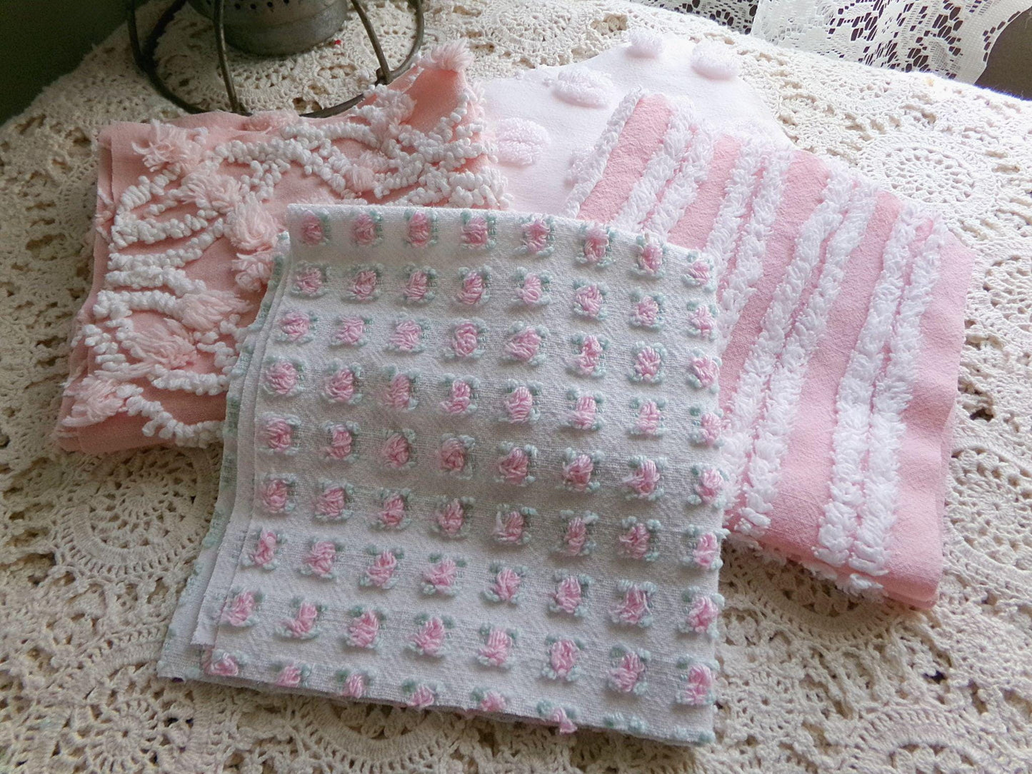 tickle me pink chenille fabric squares, set of 4 vintage large quilt blocks 12" inches ea, rosebud, pops, stripes, infinity tuft