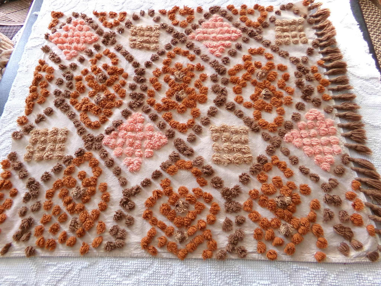 boho vintage chenille fabric, earthtones toasted brown, rust, sunset peach, 21" x 24" cut piece hippie style cotton sewing material