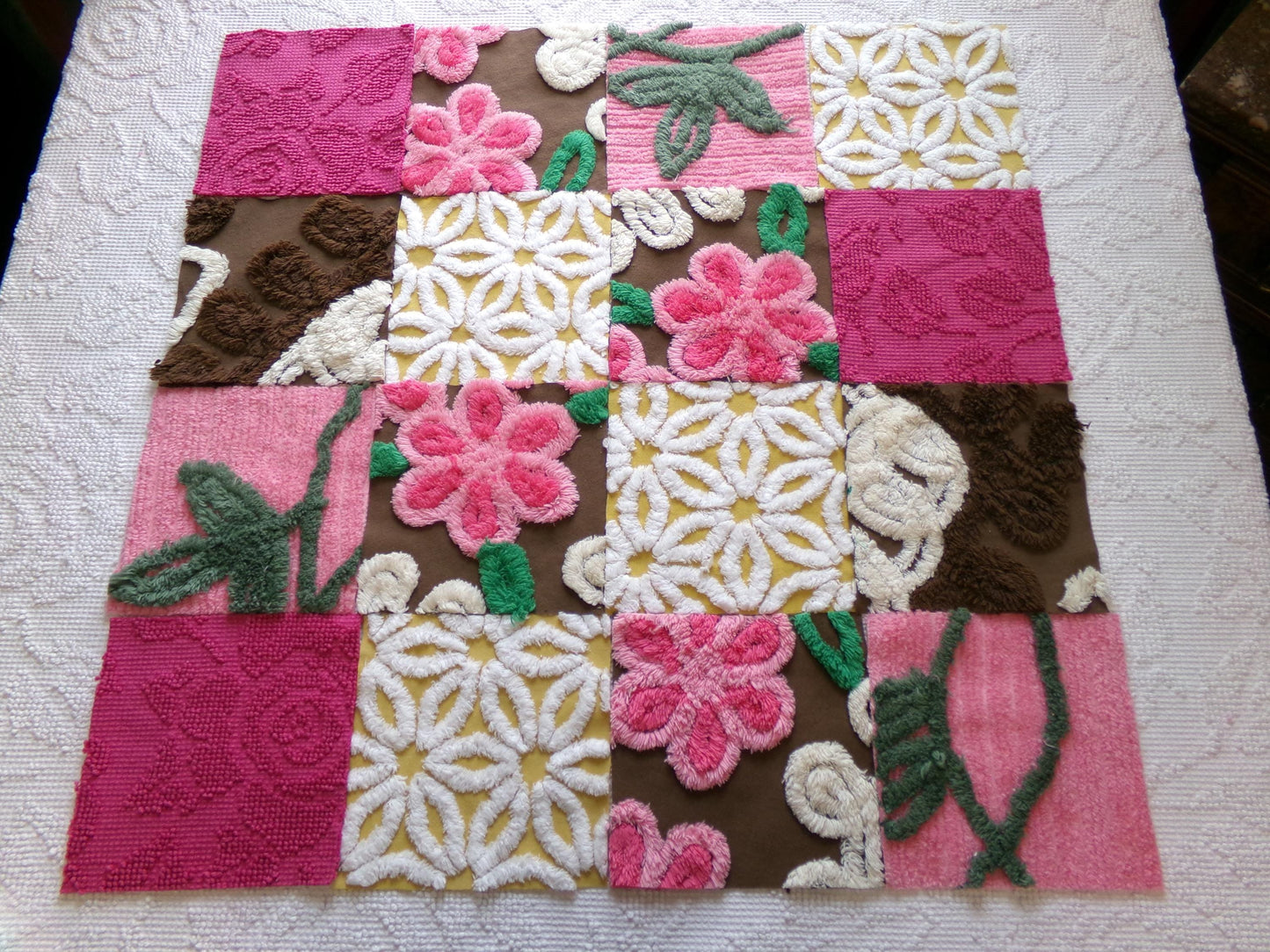 vintage chenille fabric squares, "fairy trail" set of 16 chocolate & pink 6" quilt blocks for quilting, crafts, sewing