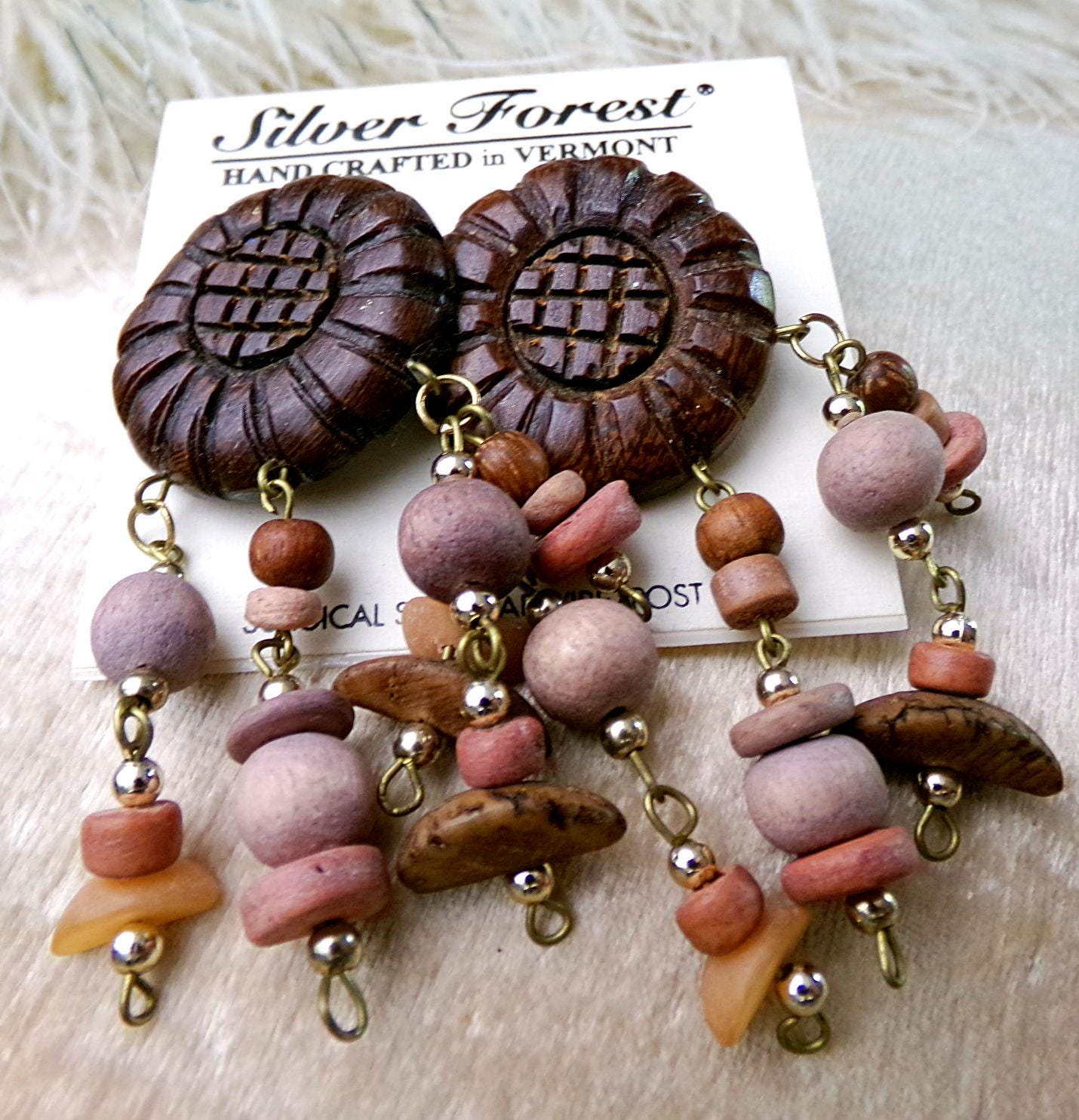 Carved Wood Daisy Dangle Pierced Earrings with Bangles, Vintage Silver Forest Vermont Hippie Boho Artisan Style