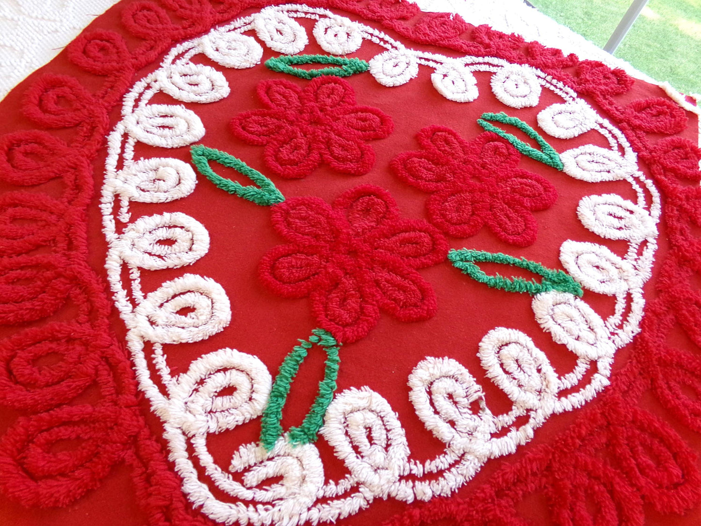 Christmas Heart Vintage Chenille Fabric, Festive Red & White for Crafts, Quilting, 20" x 25" Cut Piece