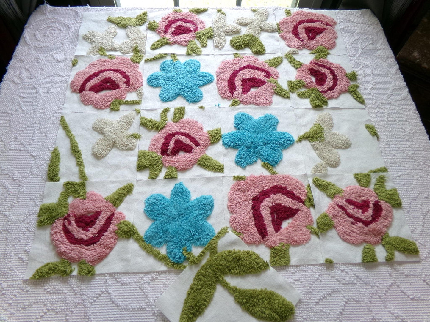 flower petals chenille fabric squares, set of 17 vintage style floral 6" craft blocks, pretty designs for quilt inlays, pillows, fiber arts