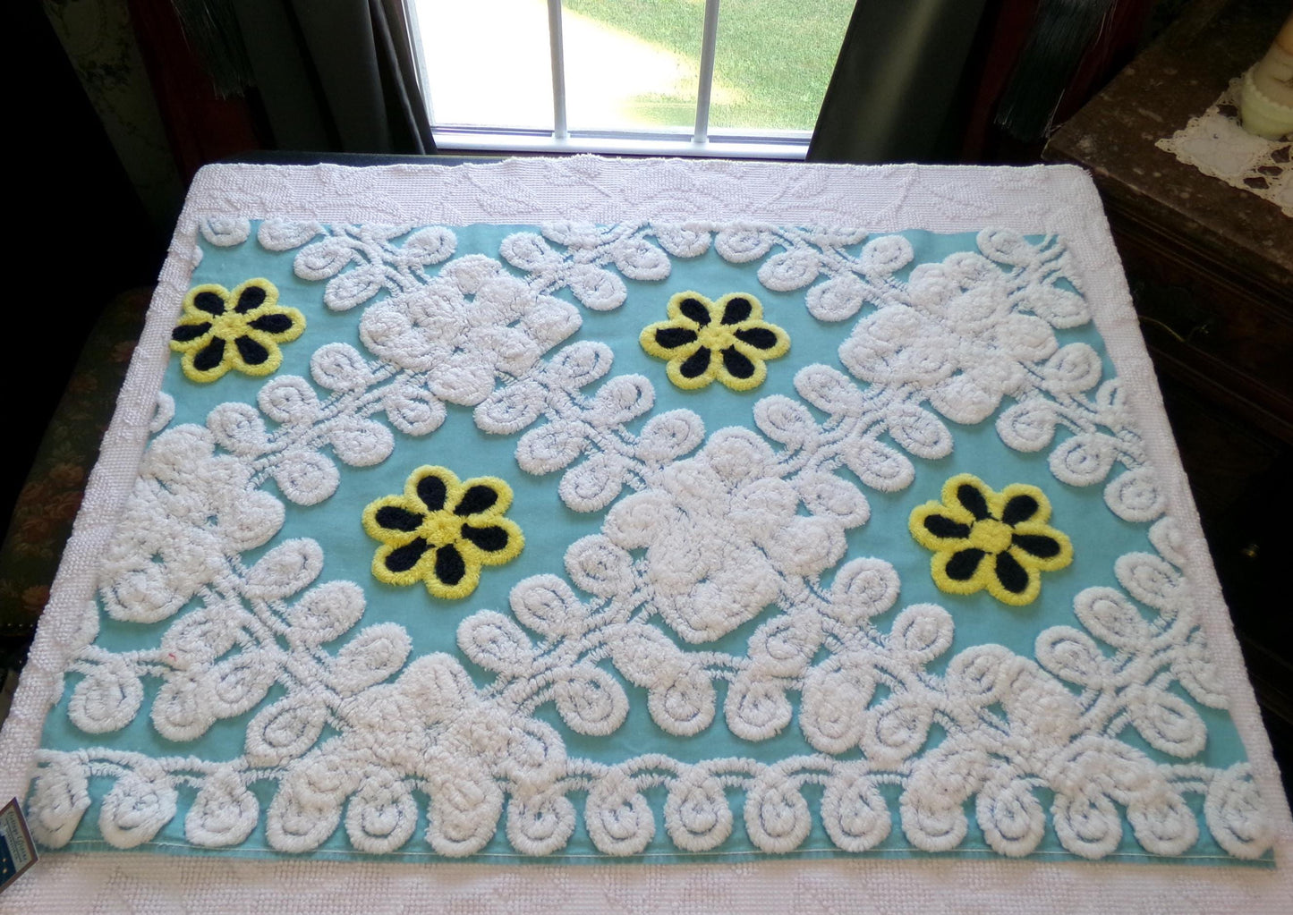 beach chic vintage chenille fabric, bubble white, seaglass blue, 21" x 30" piece of cotton sewing material for crafts, quilts, pillows