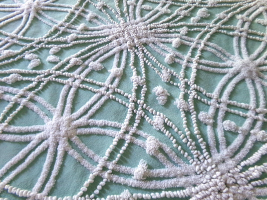 Striking Creamy Jade Green Vintage Chenille Bedspread Fabric, 19" x 23" inch Piece, White Spider Tuft Texturized Design