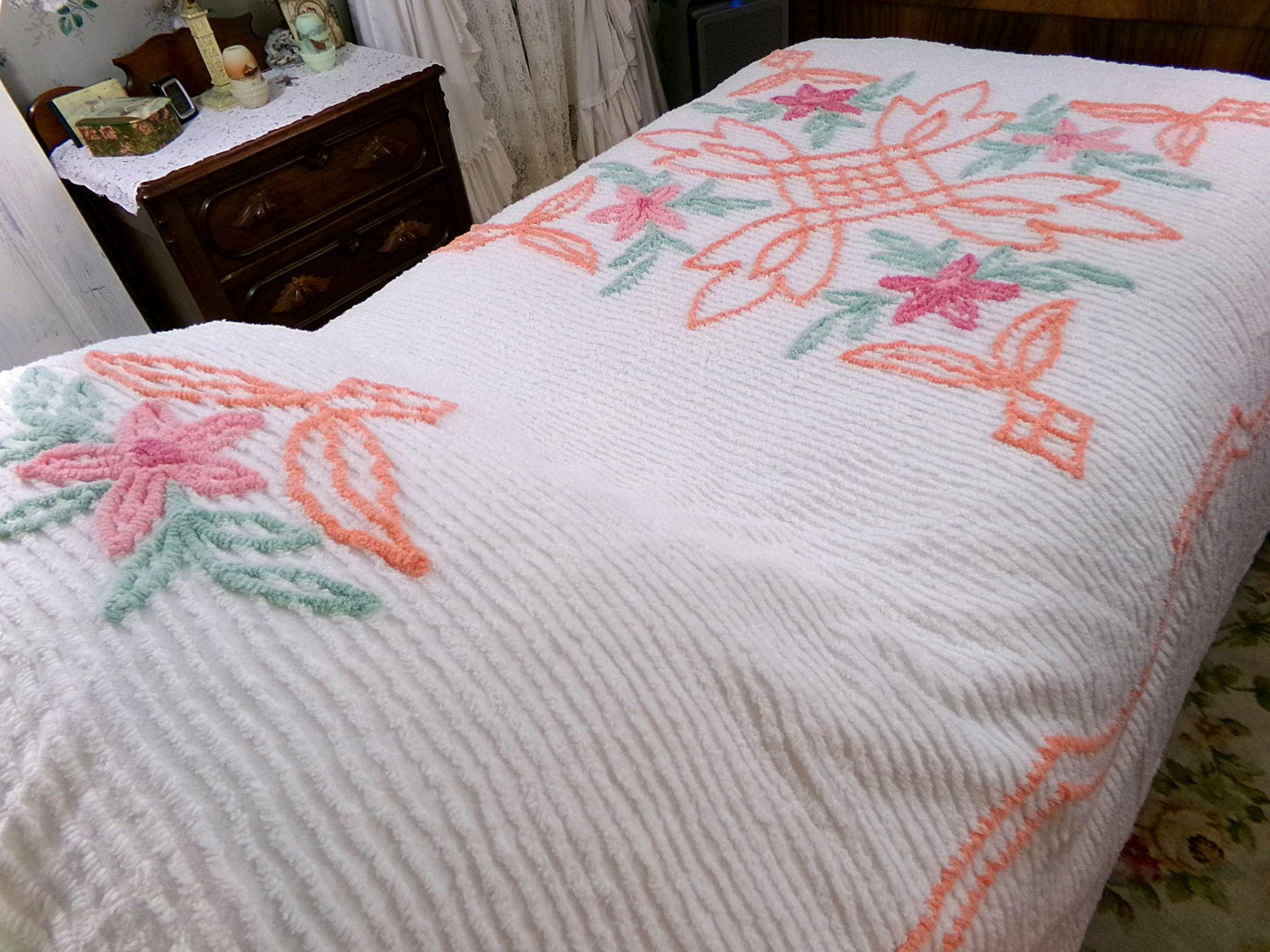 botanical white chenille bedspread, pink lily flowers & citrus orange scrollwork, full size cotton bedding, great summer coverlet