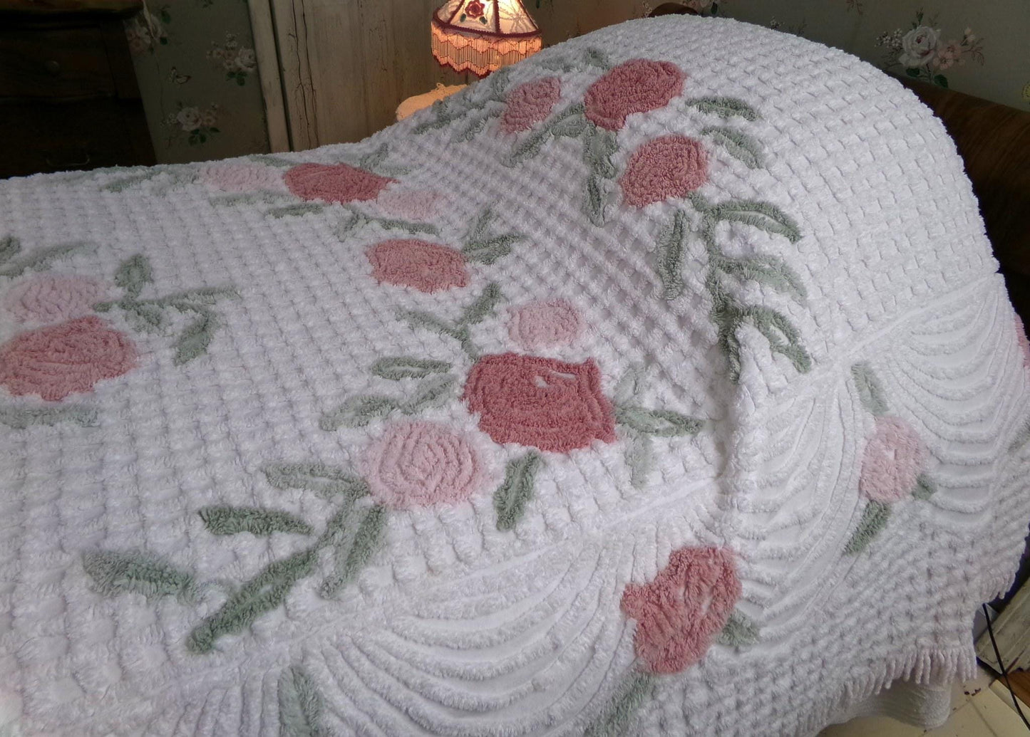 luxurious plush tufted chenille bedspread, muted natural roses, thick white grids, swags & accent fringe, vintage twin size cottage bedding