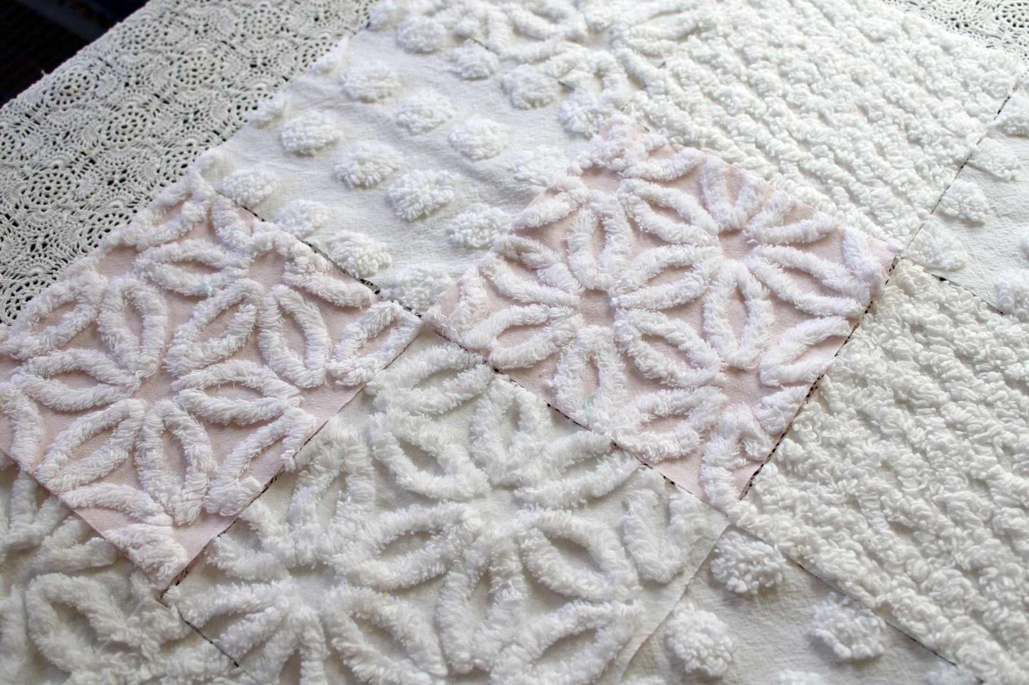 Baby's Breath Chenille Fabric Squares Set in White & Pink, Cut from Vintage Chenille Bedspread Material, 16 Blocks, 6" x 6" inch each