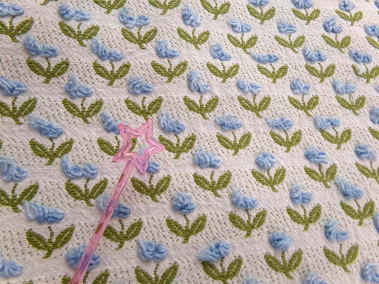 Tulip Garden Vintage Chenille Bedspread Fabric, Little Blue Flowers & Green Leaves, 12" x 24" inch Piece, Sewing Material for Quilts, Crafts