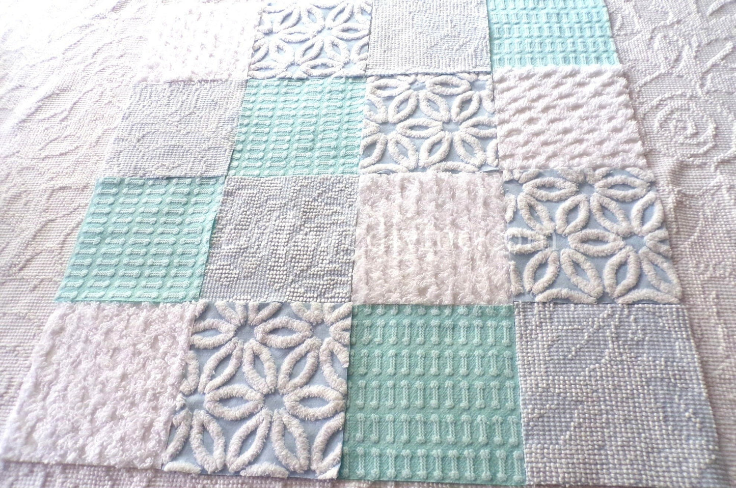 Barefoot on the Beach Chenille Quilt Squares Set from Vintage Bedspread Fabric, 16 Blocks, 6" x 6" inch, Coastal Blues & White