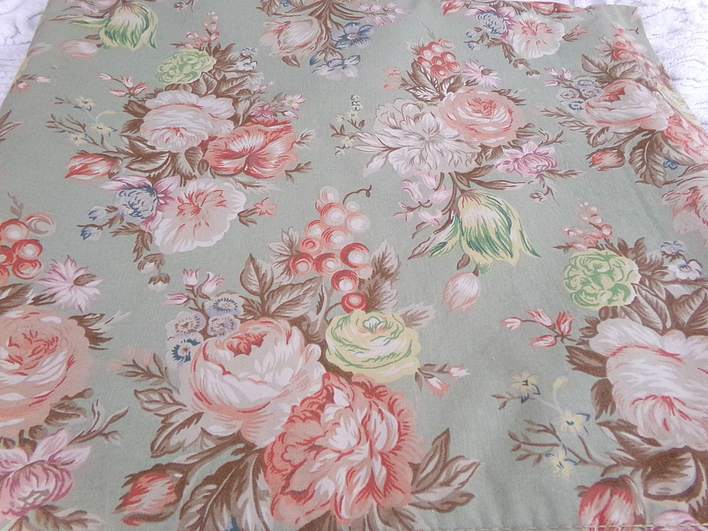 Ralph Lauren Charlotte SINGLE Curtain Panel, Vintage Sage Green Floral Window Drape, Classic Blue Label Print, USA Made Cotton