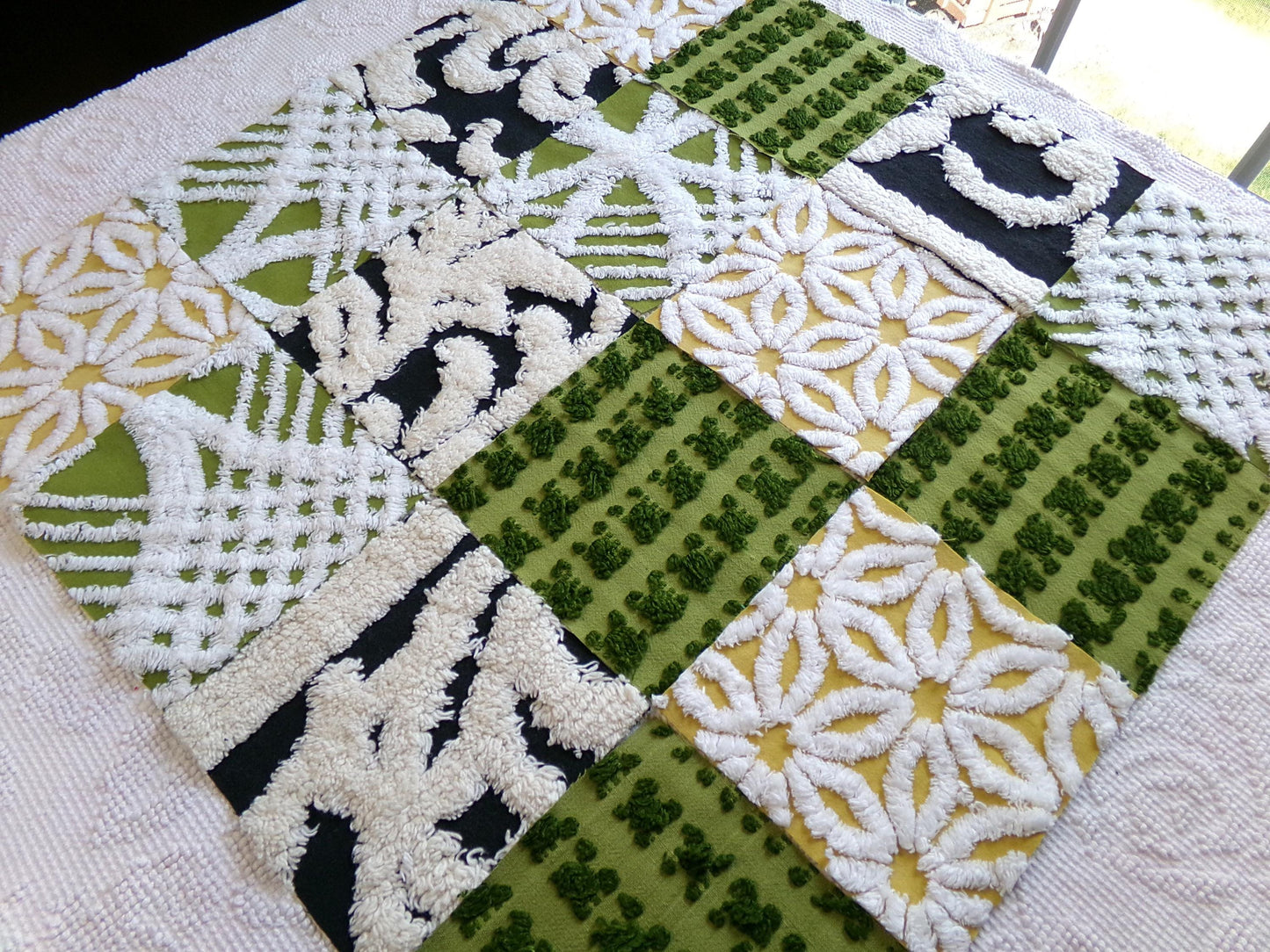 bewitching vintage chenille fabric squares, set of 16 black, green & gold 6" quilt blocks for crafts, sewing, diy pillow covers