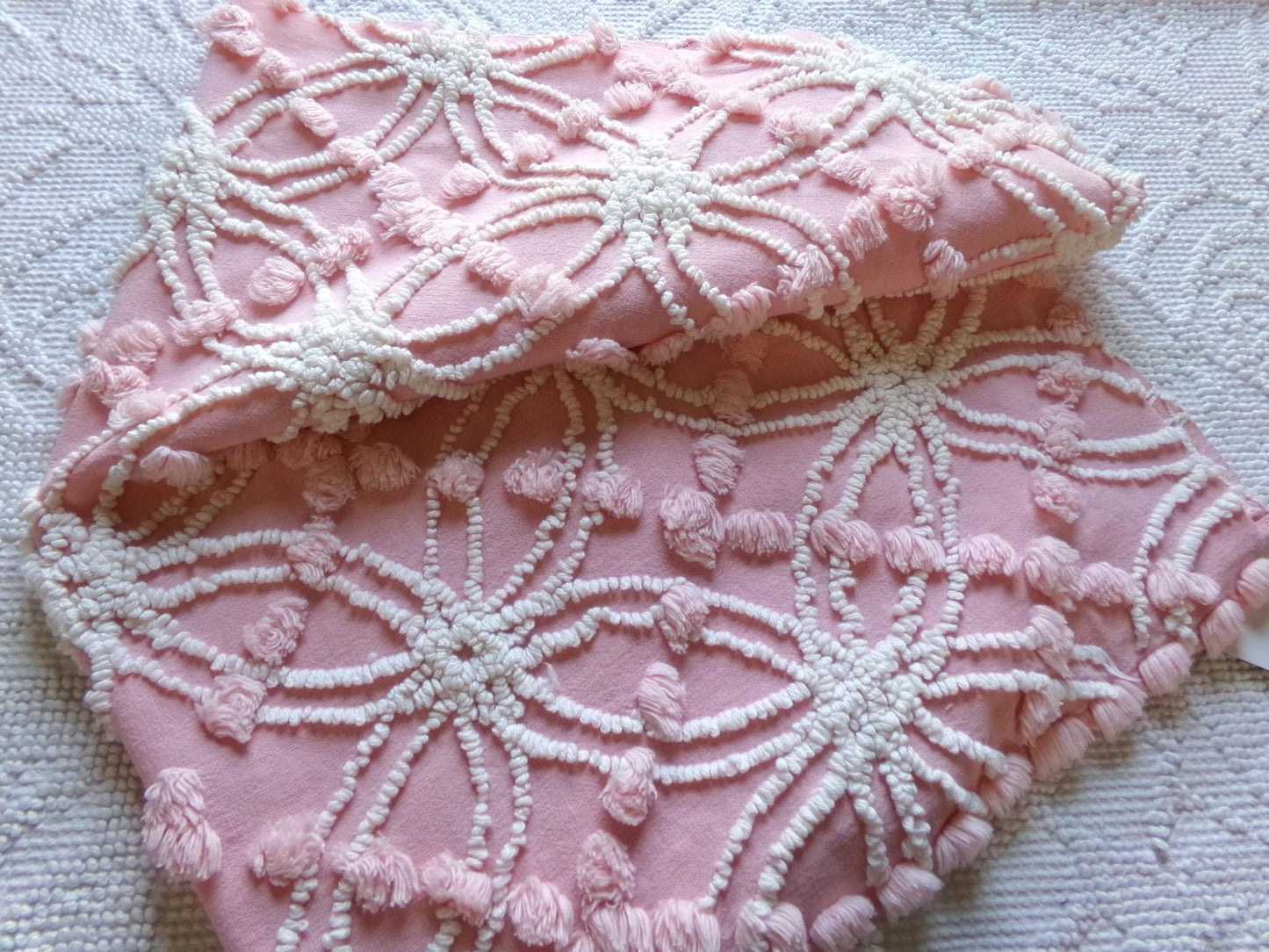 divinely feminine pink chenille fabric, 18" x 24" inch piece of vintage cotton sewing material, lovely in handmade chenille quilts & pillows