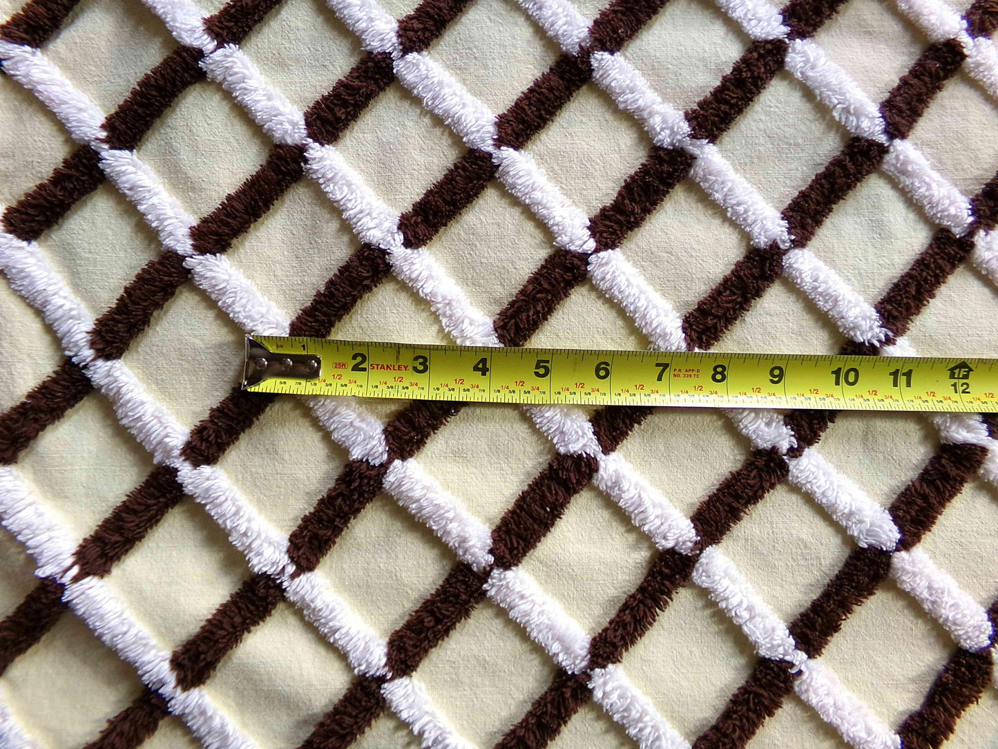 Buttery Yellow Chenille Crosshatch Fabric, Wide Tufted Chocolate Brown & White Lines, 20" x 25" inch Vintage MCM Cotton Material