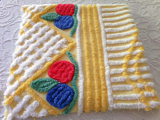 Happy Vintage Chenille Fabric, Red & Blue Rosettes on Yellow Geometric, 29" x 30" inch piece