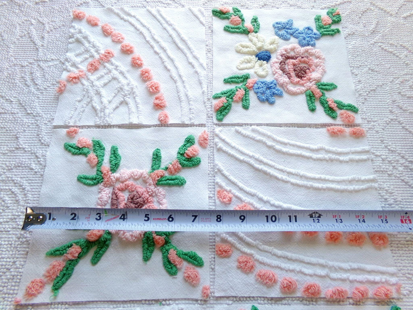 vintage 7.5" chenille fabric squares, set of 6 cottage style quilt blocks, peach, white rose floral & geometric for sewing, crafts, quilting