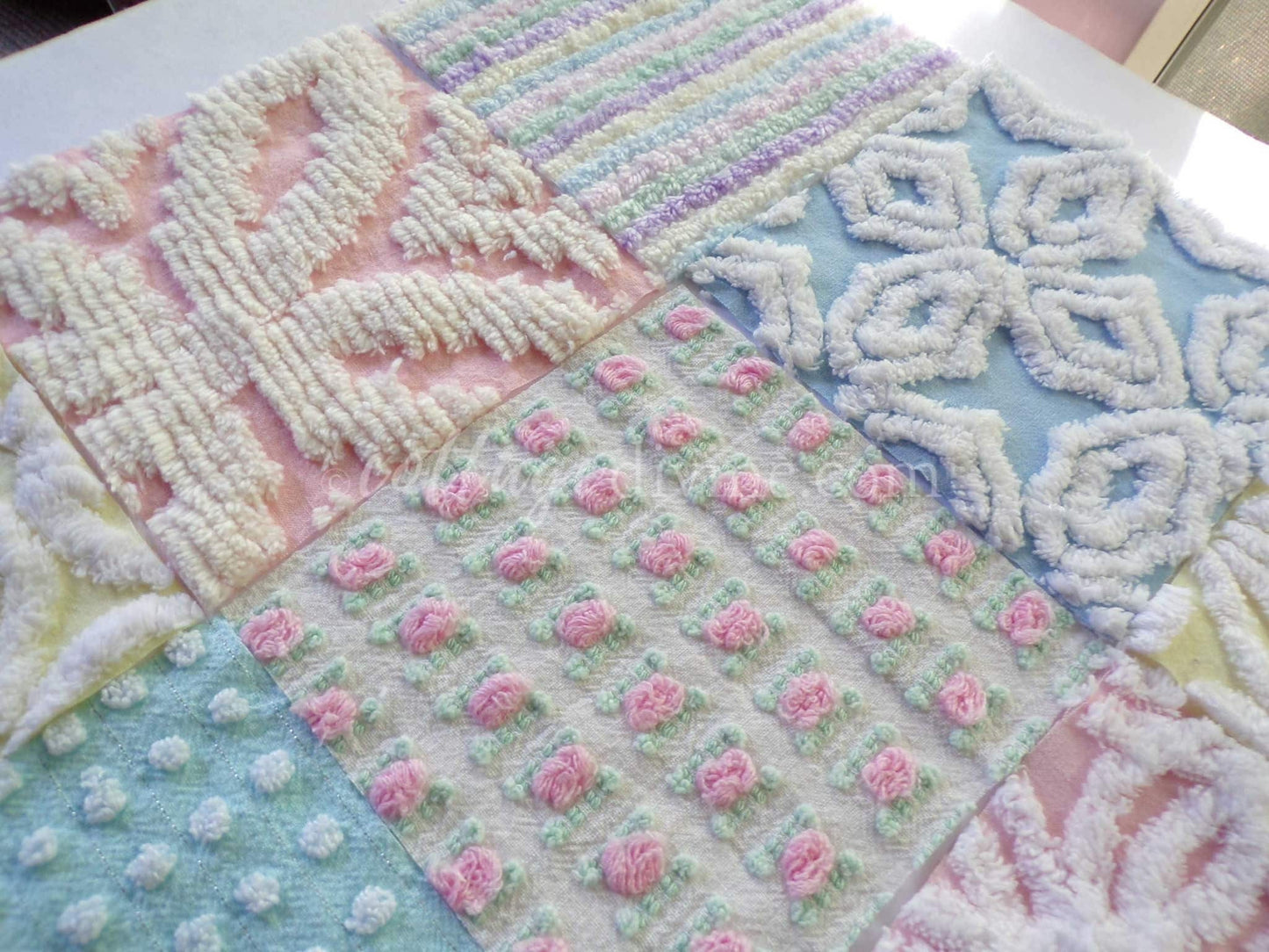 Rainbow Pastel Quilt Squares Set, Rotary Cut from Vintage Chenille Bedspread Fabric, 16 Blocks, 6" x 6" inch for quilting, sewing, crafts