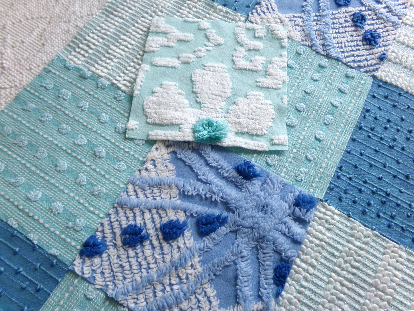 mermaid kisses chenille fabric squares, set of 17 vintage blue & aqua 6" craft blocks, chic designs for quilt inlays, pillows, fiber arts
