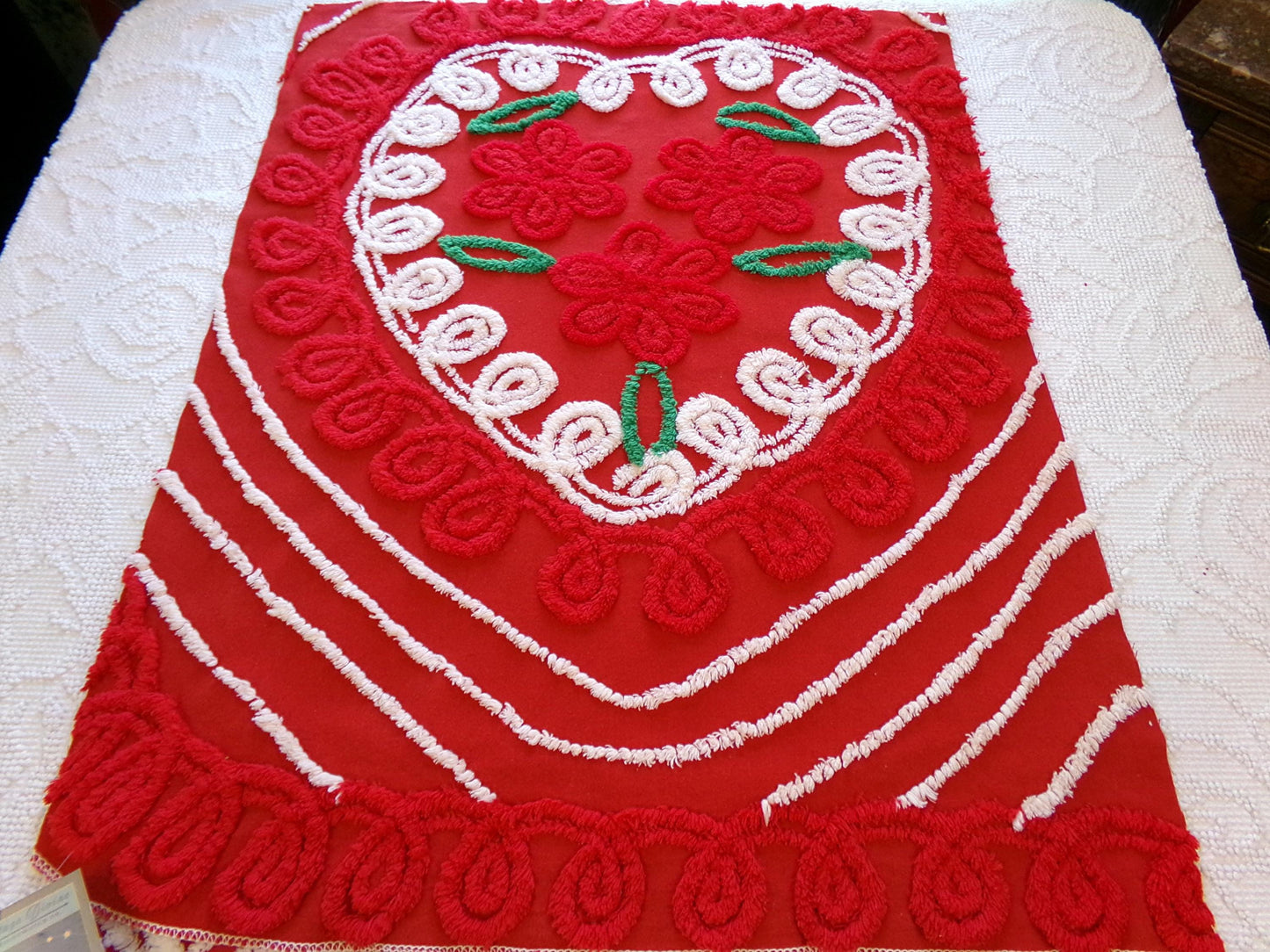 Christmas Heart Vintage Chenille Fabric, Festive Red & White for Crafts, Quilting, 20" x 25" Cut Piece