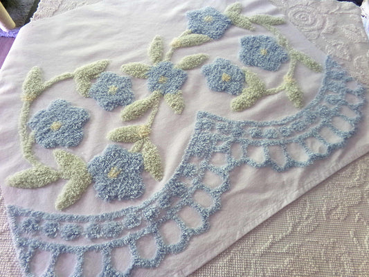 Vintage Style Floral Chenille Fabric, Blooming Blue Flowers, 25" x 27" inch Piece, 100% Cotton with Plush Tufting, Great for Pillows