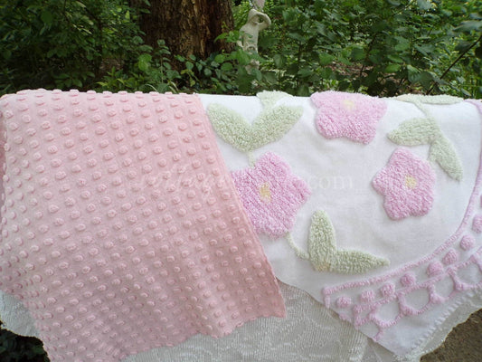 Mini Fabric Bundle, "Cottage Coordinates" 2 Pieces from Vintage Chenille Bedspreads, 12" x 18" and 15" x 18" inches, for Quilts & Crafts