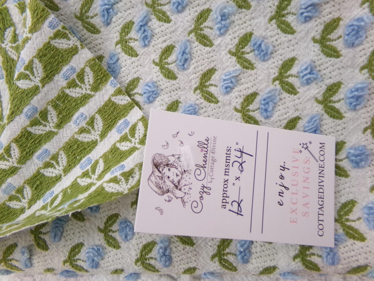 Tulip Garden Vintage Chenille Bedspread Fabric, Little Blue Flowers & Green Leaves, 12" x 24" inch Piece, Sewing Material for Quilts, Crafts