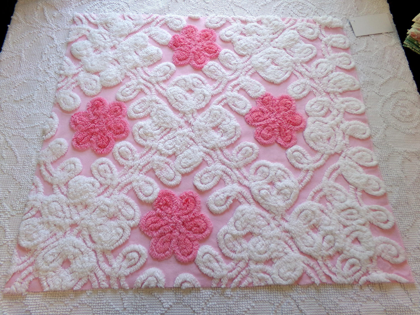Vintage Chenille Fabric: Strawberries & Cream Pink Sewing Material 21" x 23"