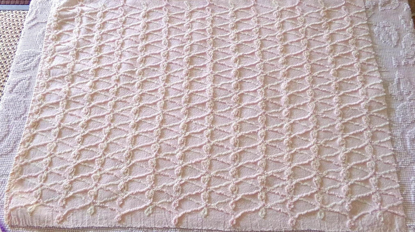 Eternity Knots Vintage Chenille Fabric Material, 19" x 26" inch Piece, Lovely Feminine Pastel Pink & Iridescent Vanilla Cream