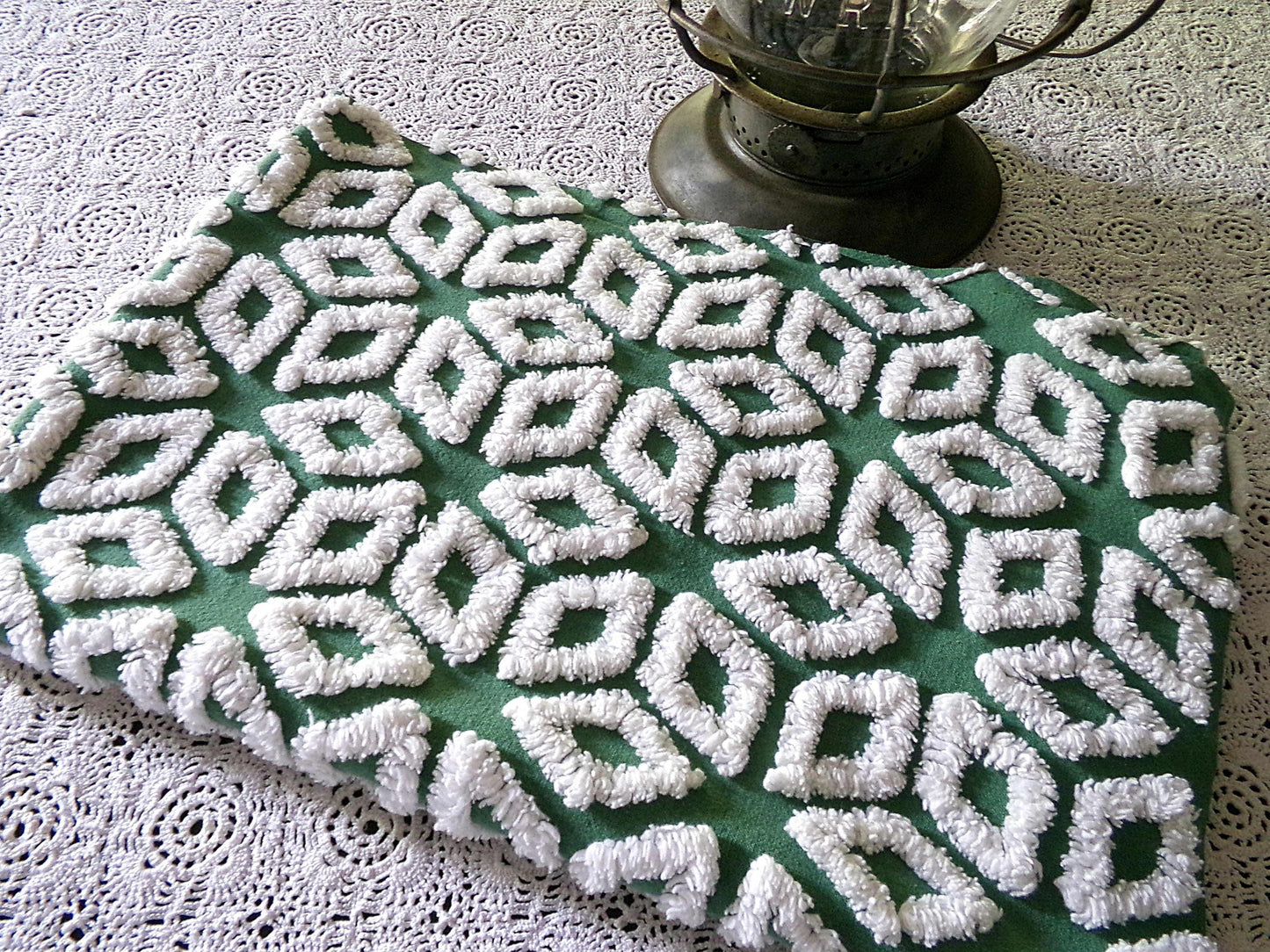 Forest Green Snowflakes Vintage Chenille Material, 18" x 25" inch Fabric Piece, 100% Cotton, Geometric Wedge White Snowflake Design