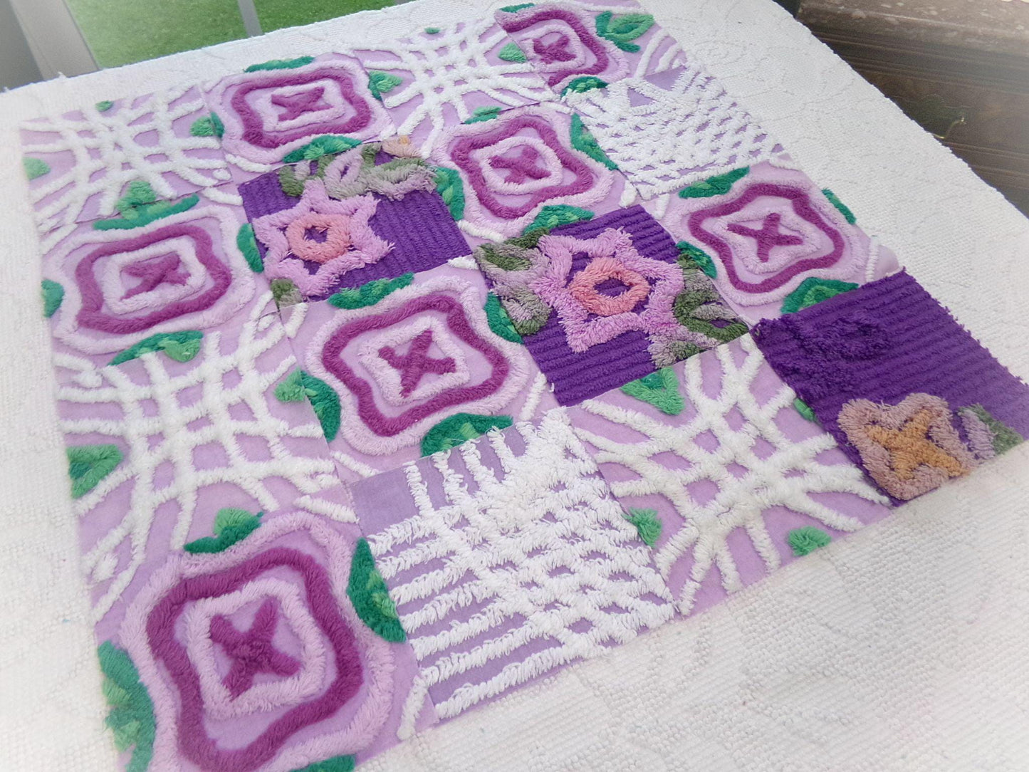 moondance chenille fabric squares, set of 16 vintage 6" craft blocks, lavender purple roses & white for quilt inlays, pillows, fiber arts
