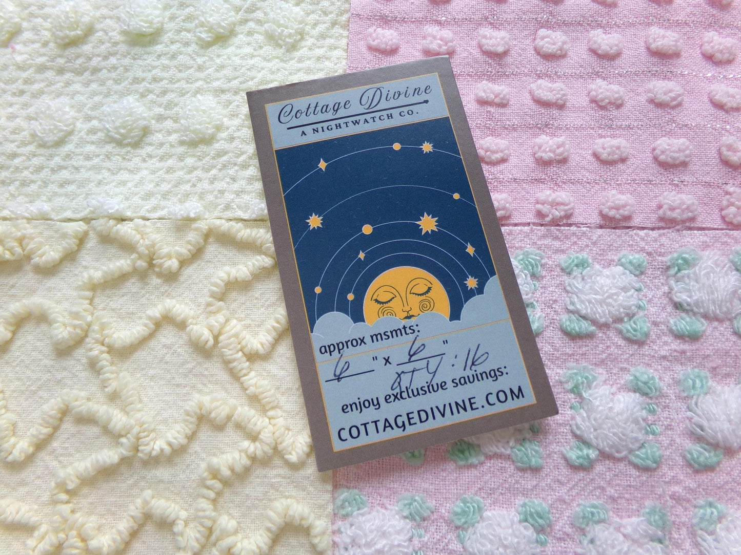 cheerful spring chenille fabric squares, set of 16 vintage pink & yellow quilt blocks 6" ea, rosebud, squiggles for crafts, quilting