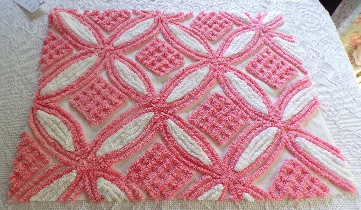 Super Plush Pink & White Chenille Fabric, 18" x 24"-inch Piece, Geometric Print, Vintage 100% Cotton