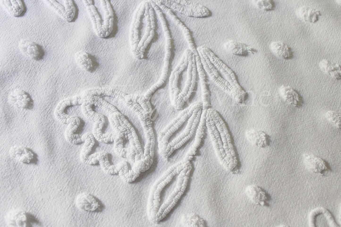 Lily White Dot Vintage Chenille Fabric Piece, 19" x 27" inches, Beautiful Farmhouse Style