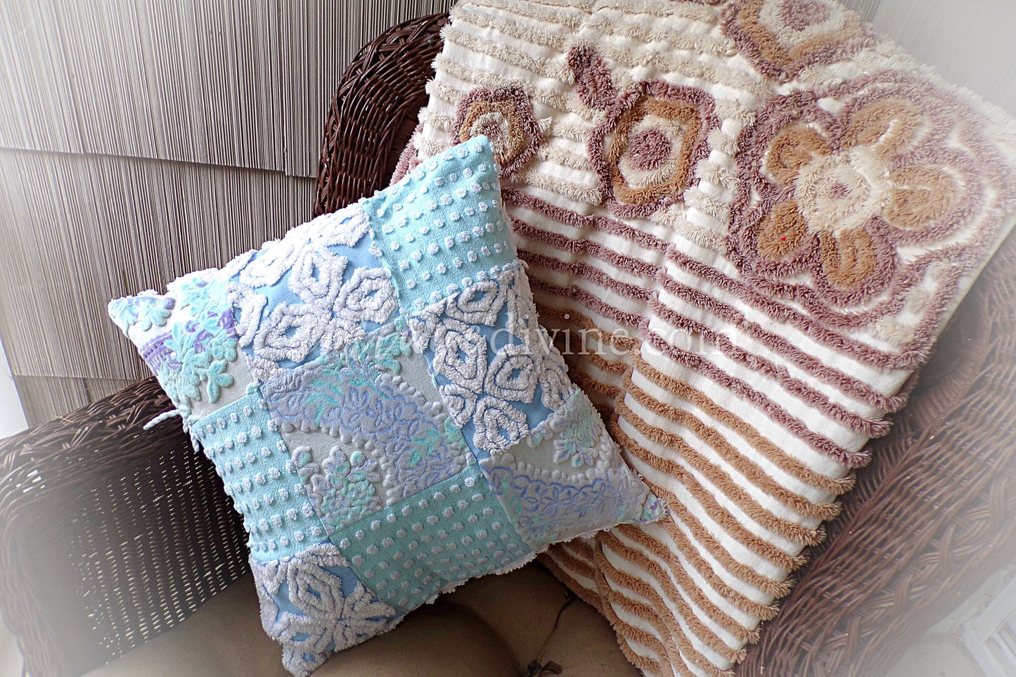 Coastal Chic Velvet & Chenille Pillow Cover 16" x 16" inch Square, REVERSIBLE Patchwork Accent Pillow from Vintage Chenille Bedspread Fabric