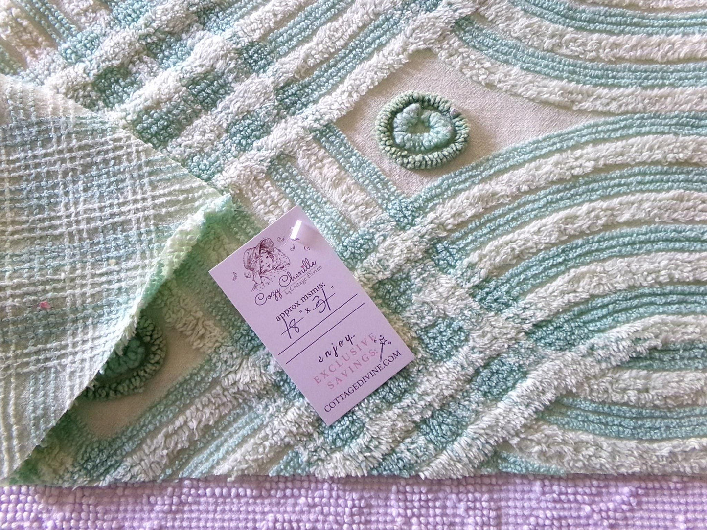 Retro Two Tone Shamrock Green Vintage Chenille Fabric Material, 18" x 31" inch Piece, Donut Dots, Long Tonal Stripes