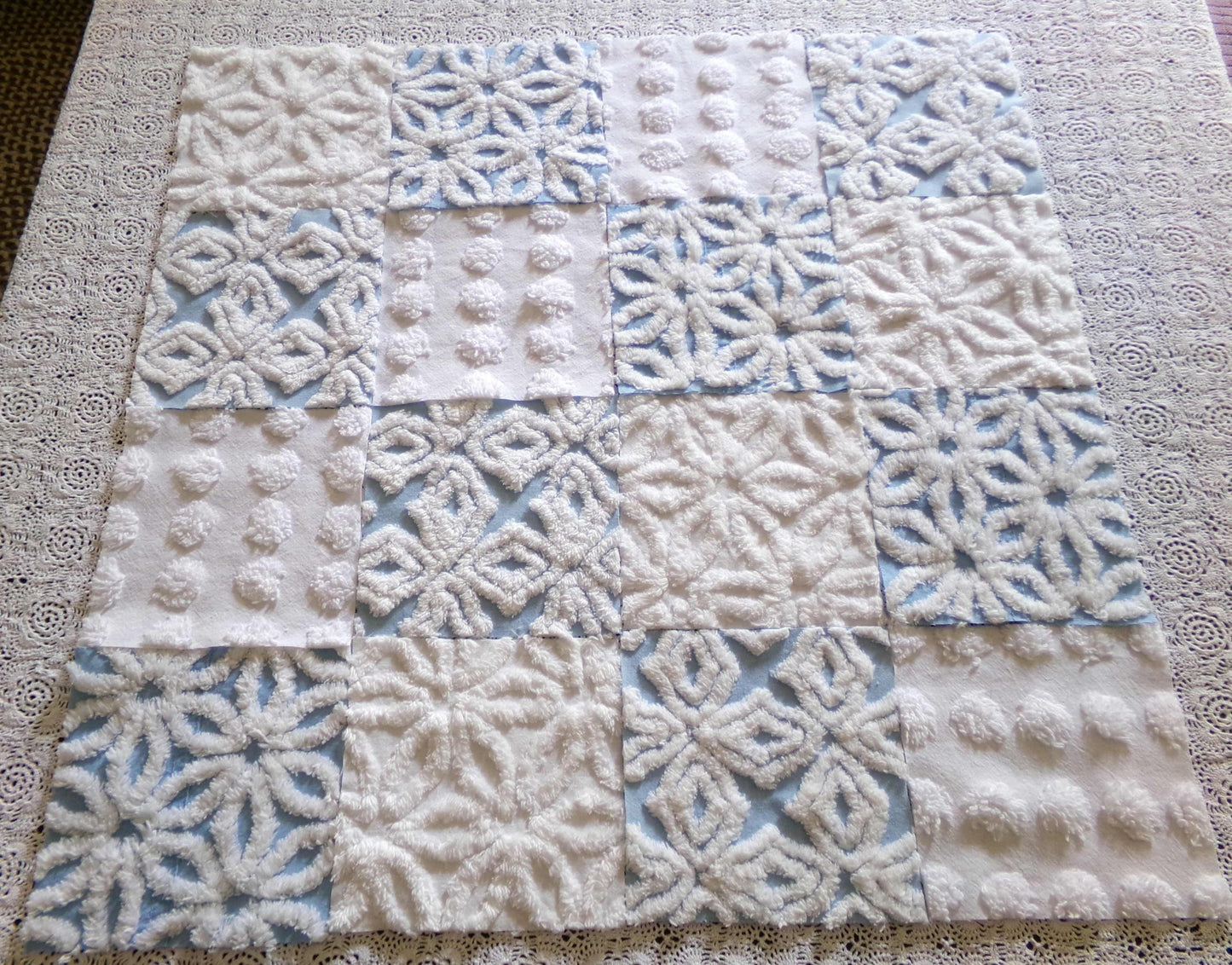 Breezy Blue & White Chenille Fabric Squares Set, 16 Vintage Quilt Blocks, 6" x 6" inches each, for Quilting, Sewing, DIY Pillows