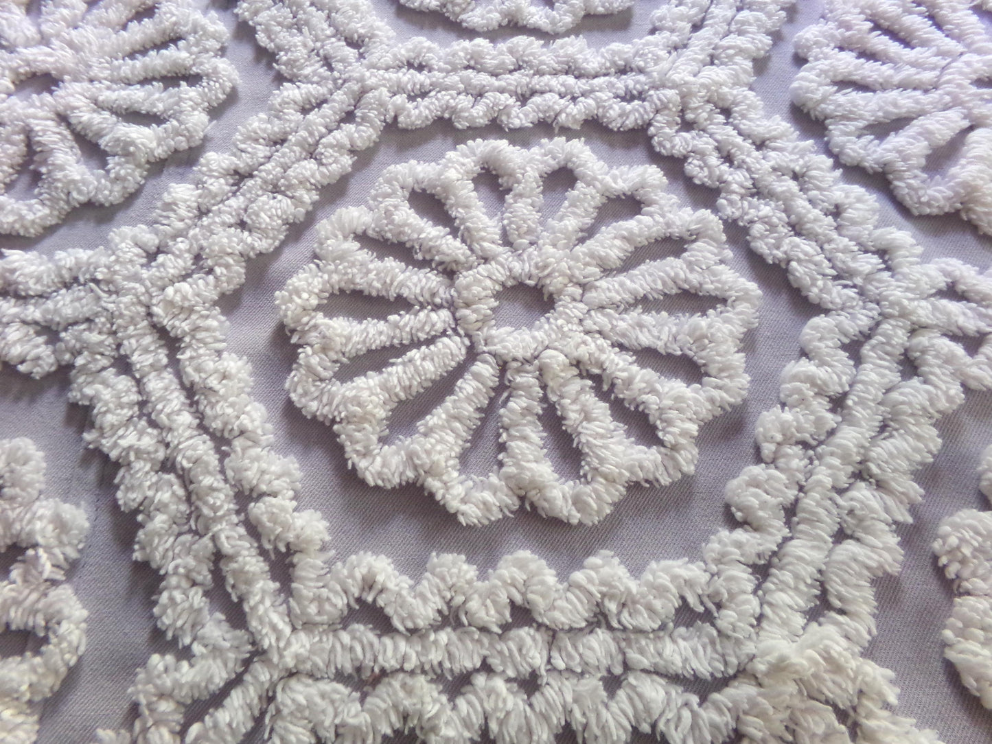 lavender mist cottage chic chenille fabric, plush white daisies, 17" x 26" piece of vintage sewing material for quilting, fiber arts