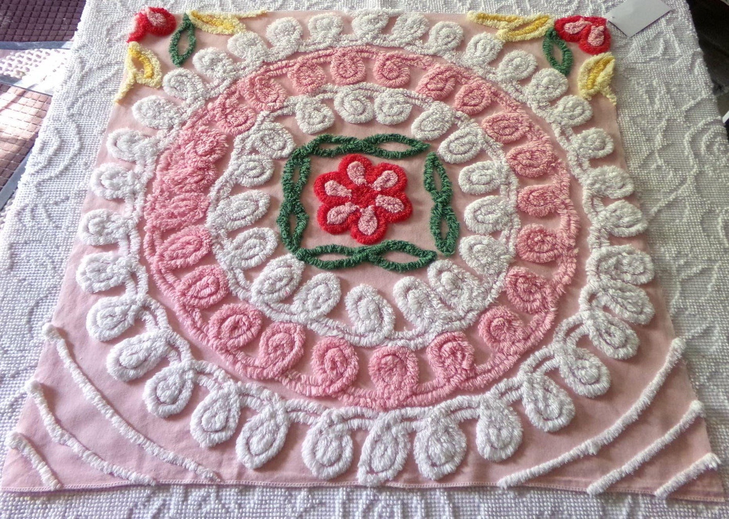 pink & white frosted cake chenille fabric, vintage 1950s sewing material for quilting and crafts, 24" x 23" inch piece with single rose