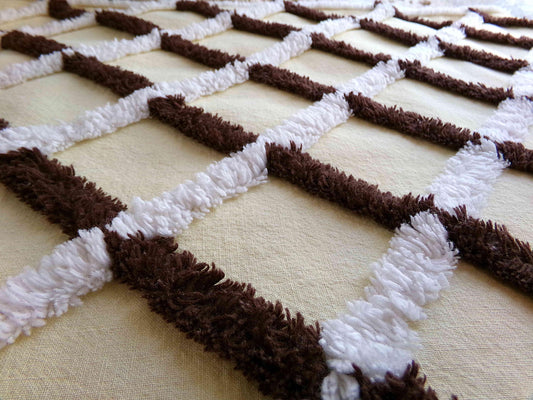 Buttery Yellow Chenille Crosshatch Fabric, Wide Tufted Chocolate Brown & White Lines, 20" x 25" inch Vintage MCM Cotton Material