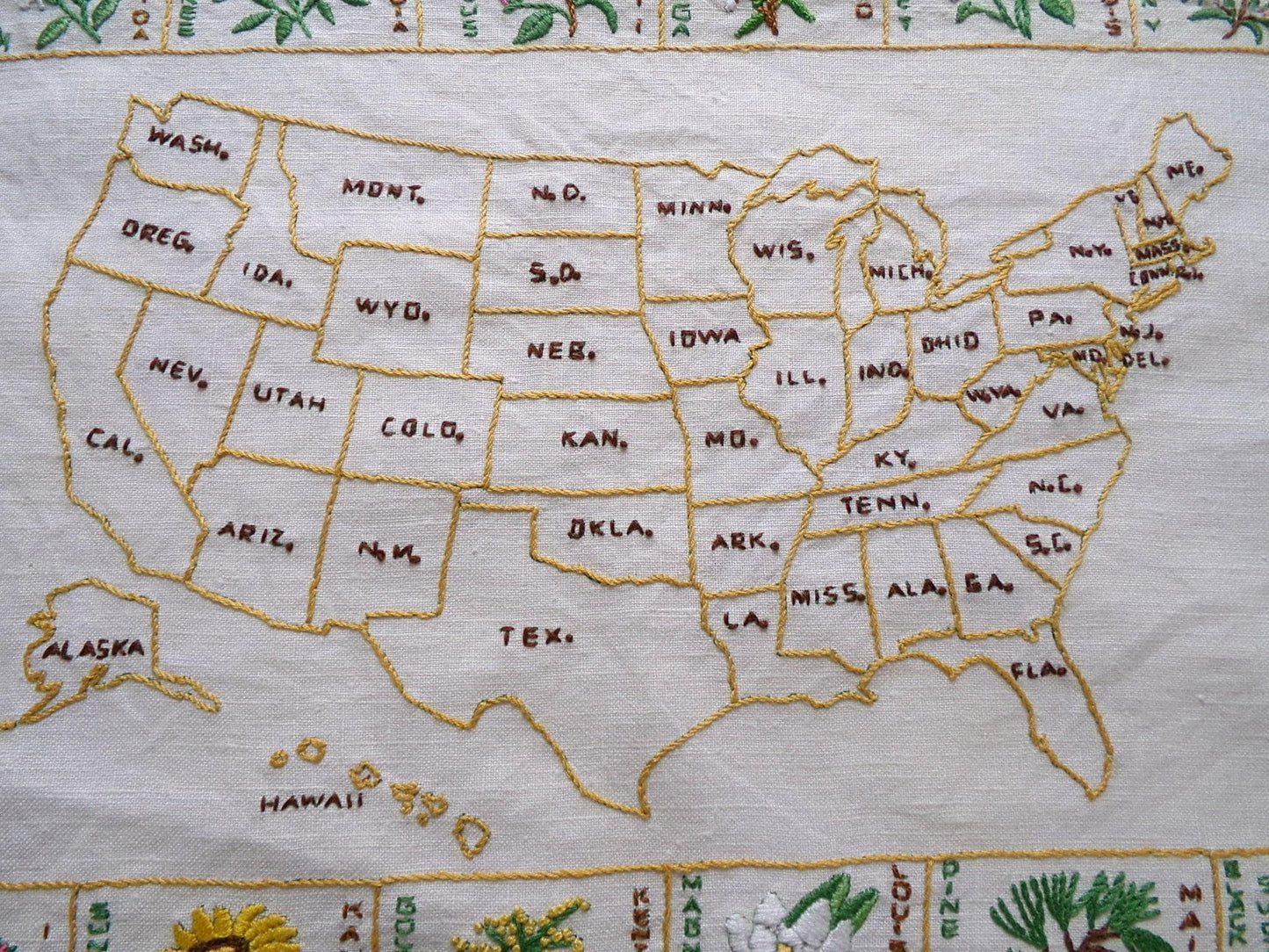 Vintage Embroidery Sampler 50 United States Flowers USA Map Heirloom Piece on 100% Belgian Linen, Paragon Stitchery, Completed, Unframed