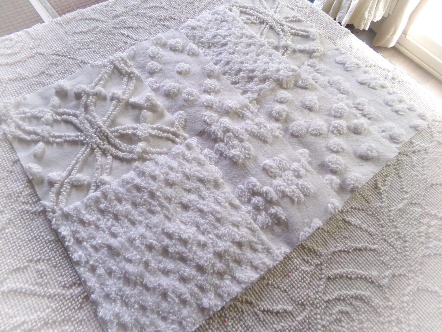 farmhouse style white chenille fabric squares, 7.5" vintage quilt blocks, set of 8 for sewing, crafts & quilting