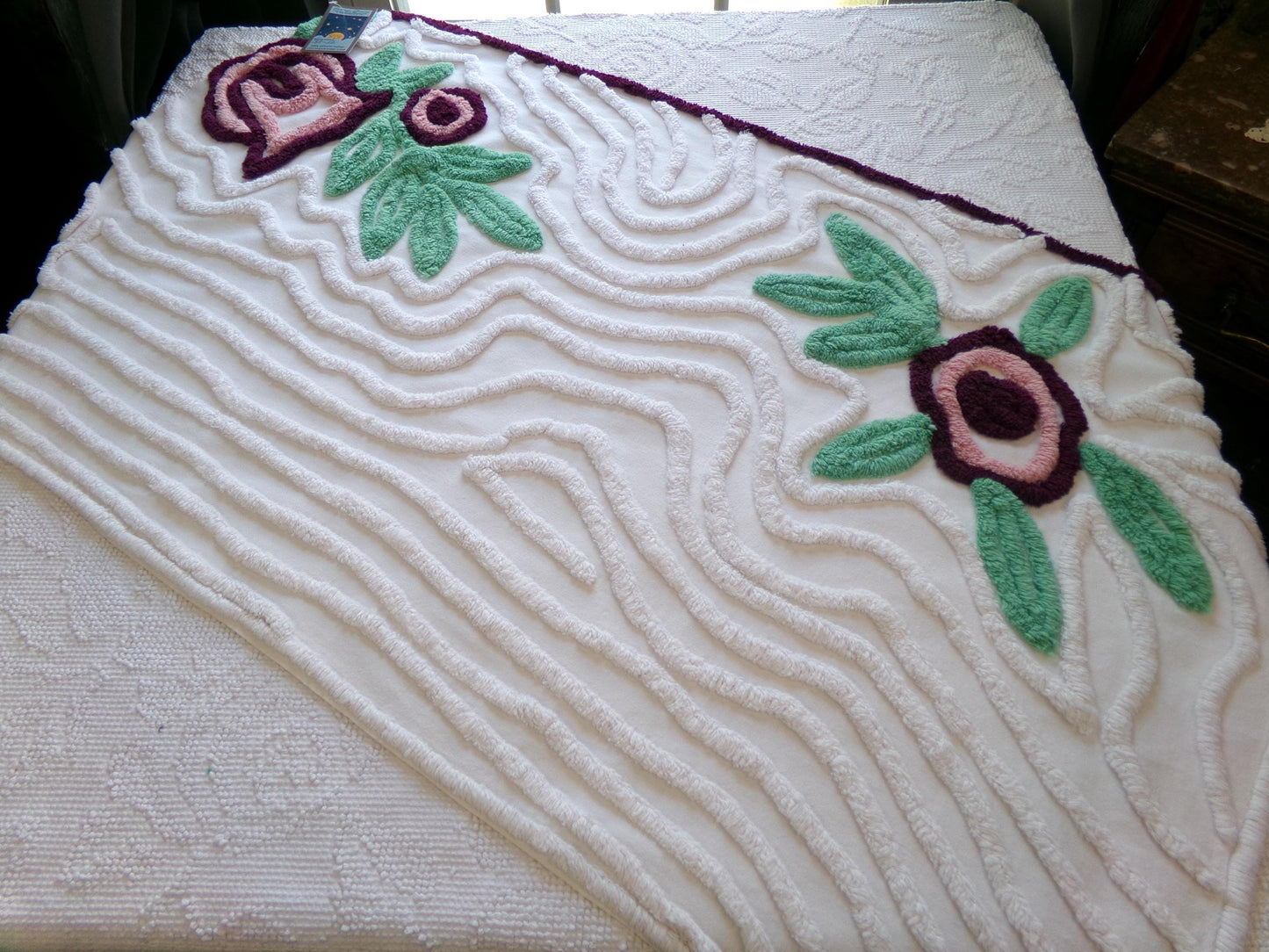 Berry Mauve Blooms Vintage Chenille Fabric, Large 22" x 37" Piece of Plush Swirl White Cotton Sewing Material Upcycle into Quilts & Crafts