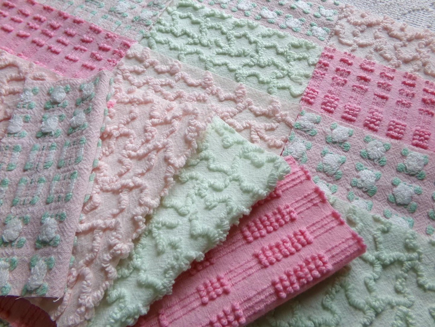 phantom rose 6" chenille squares, green, pink, white rosebud, set of 16 quilt blocks rotary cut from vintage chenille bedspread fabrics
