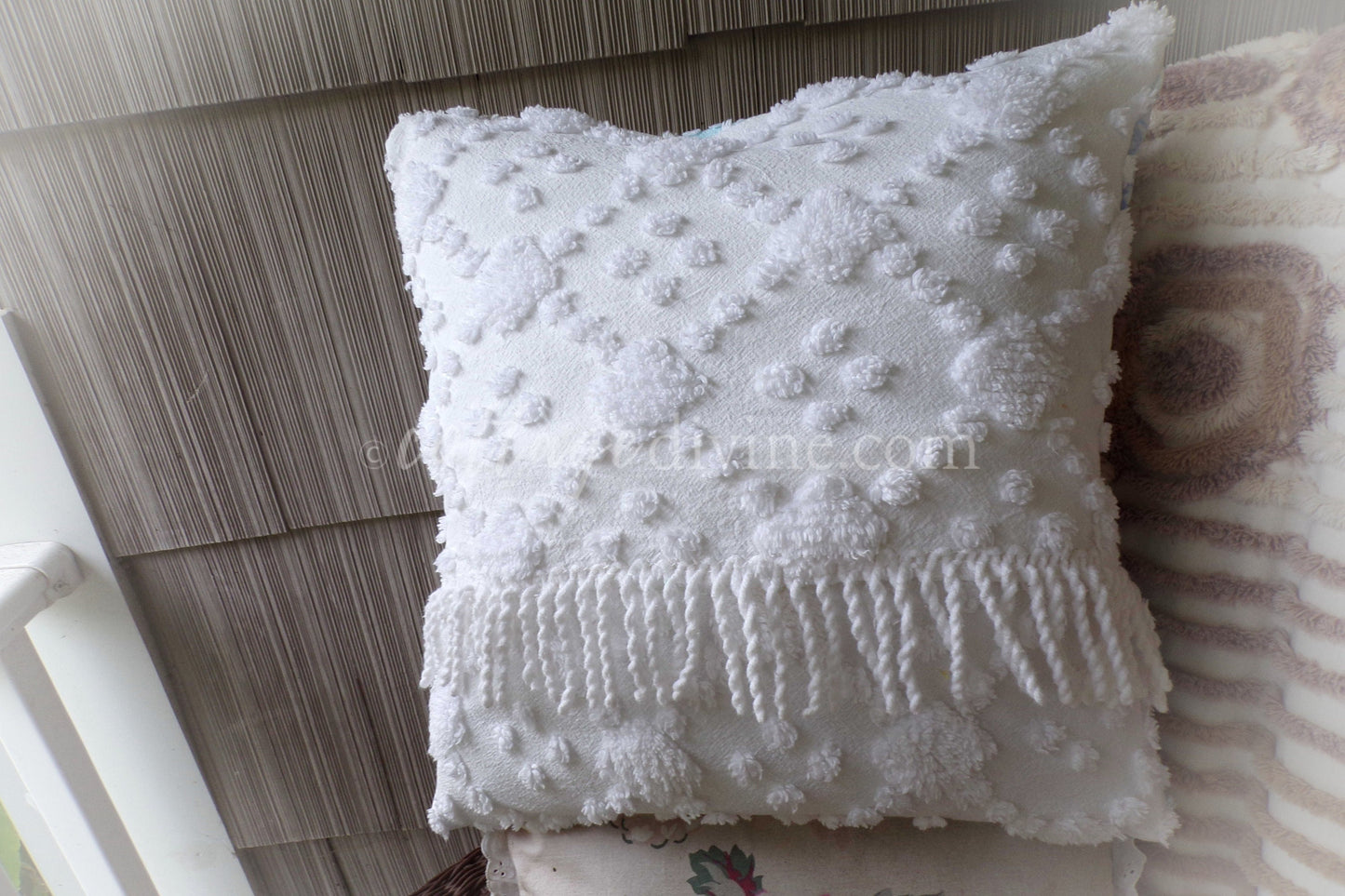 Coastal Chic Velvet & Chenille Pillow Cover 16" x 16" inch Square, REVERSIBLE Patchwork Accent Pillow from Vintage Chenille Bedspread Fabric