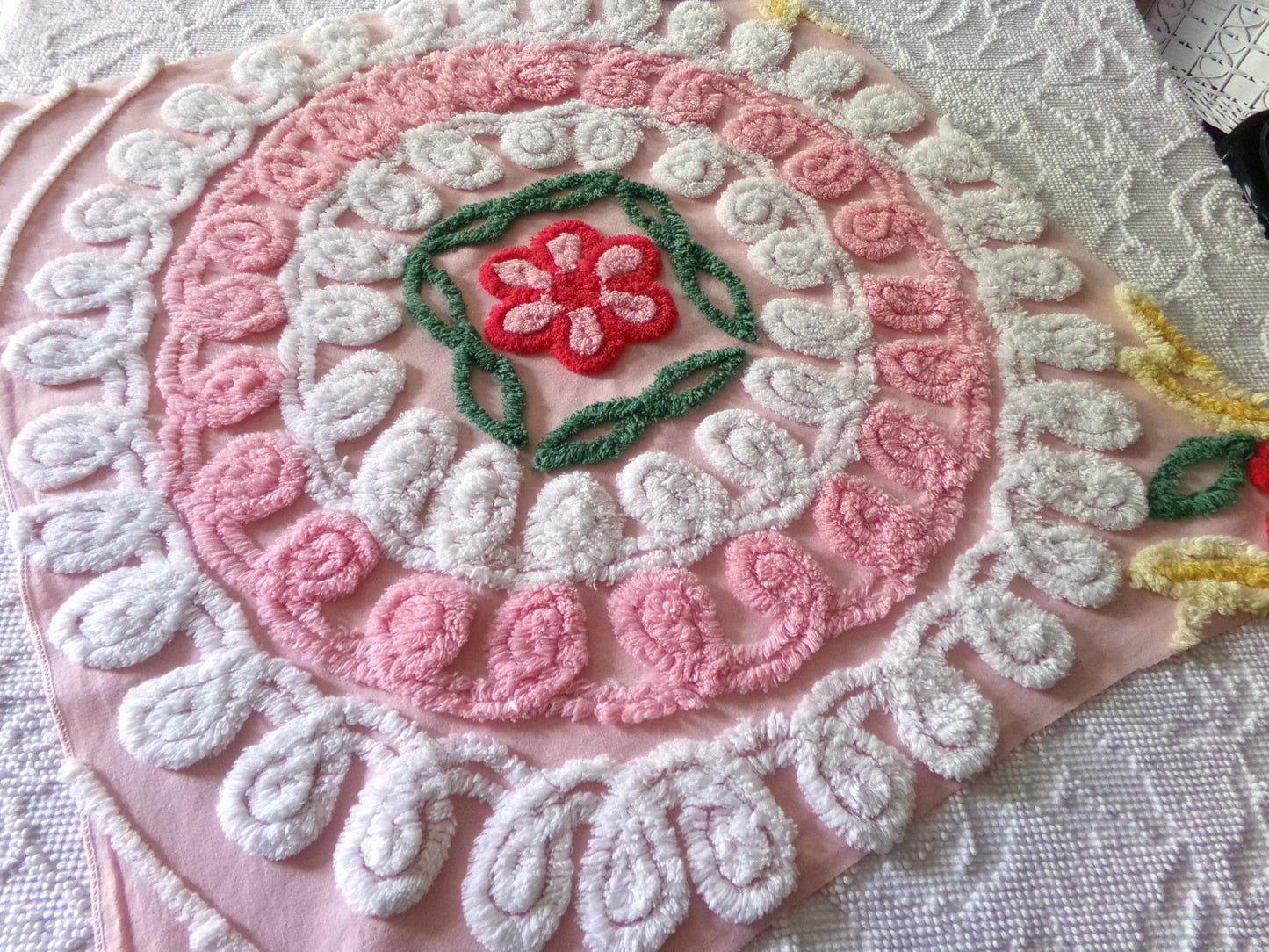 pink & white frosted cake chenille fabric, vintage 1950s sewing material for quilting and crafts, 24" x 23" inch piece with single rose